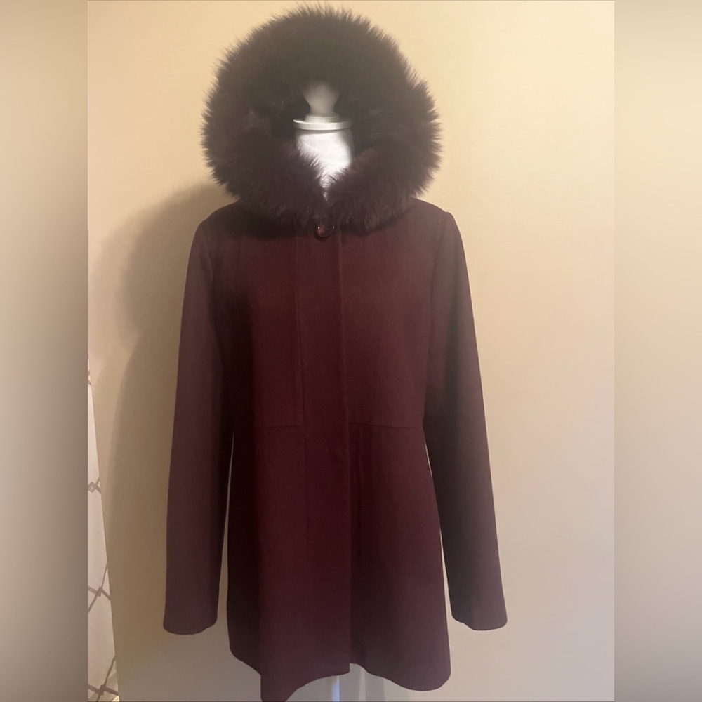 Pendleton Burgundy Maroon Wool Pea Coat Jacket Fur Hood Trim Size 14.